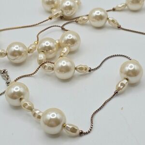 Vintage Synthetic Pearl‎ Long Necklace 14K Gold Plated Elegant Fashion Jewelry